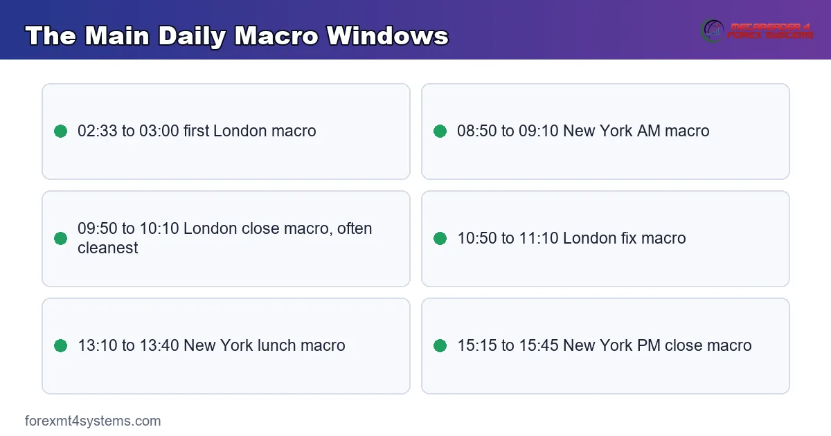 The Main Daily Macro Windows - key points reference card