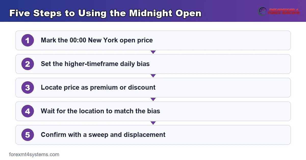 Midnight open pre-trade card covering the level, bias, location and confirmation