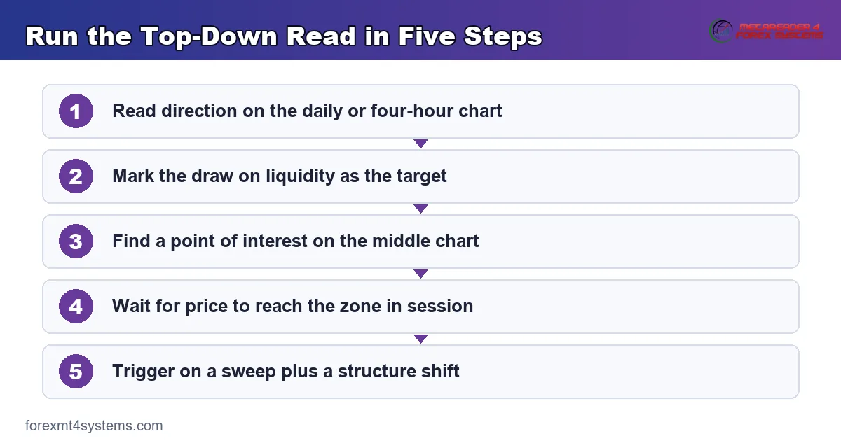 Three-layer top-down flow card showing HTF bias, MTF point of interest and LTF entry stacked in order
