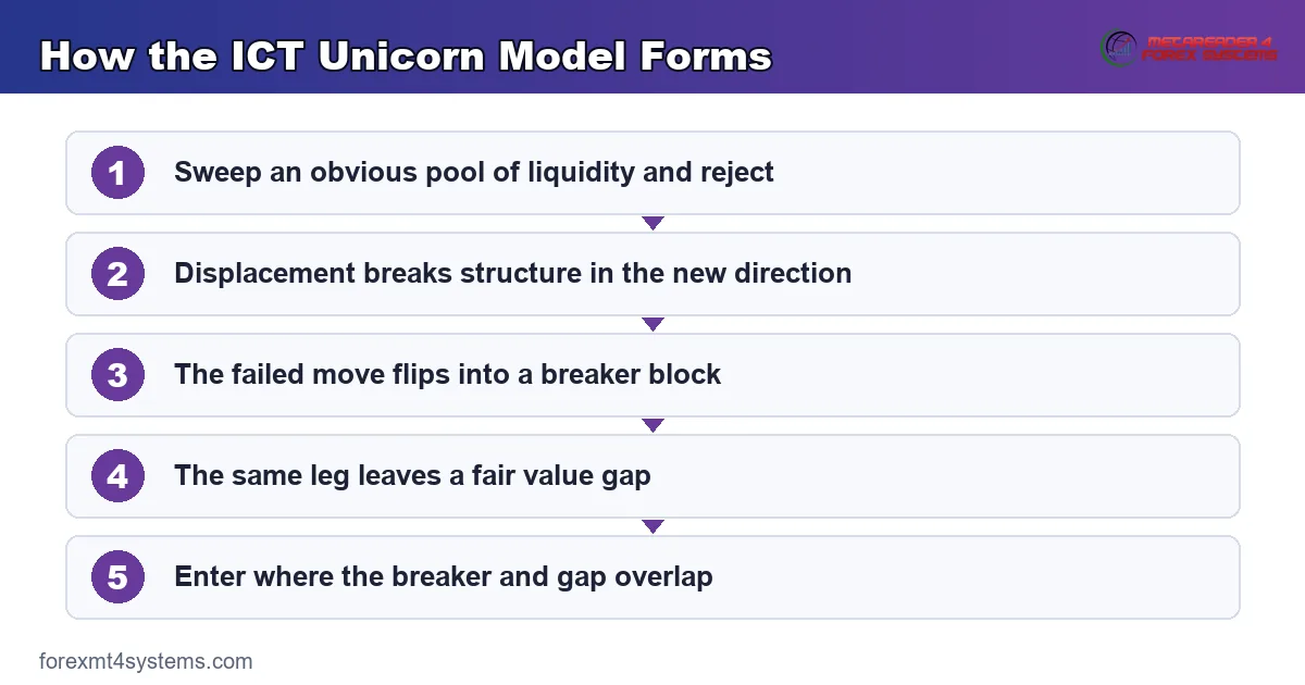 how the unicorn forms - sweep, structure break, breaker block, fair value gap, and overlap entry