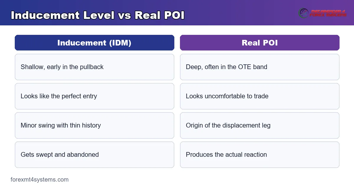 Comparison of an inducement level versus a real point of interest on a chart