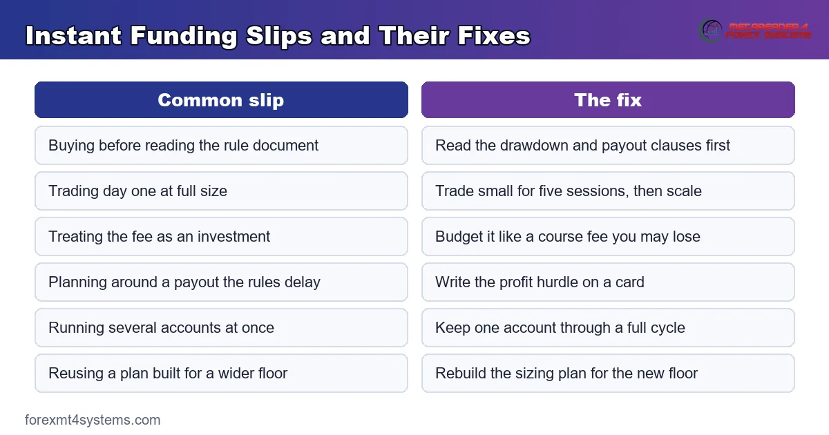 common instant funding slips set beside their fixes, from unread rules to oversized first trades