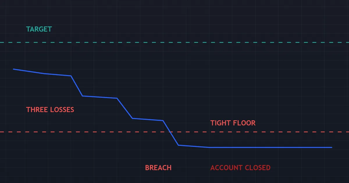 instant funding pitfall - equity curve breaching a tight drawdown floor in the first trading week