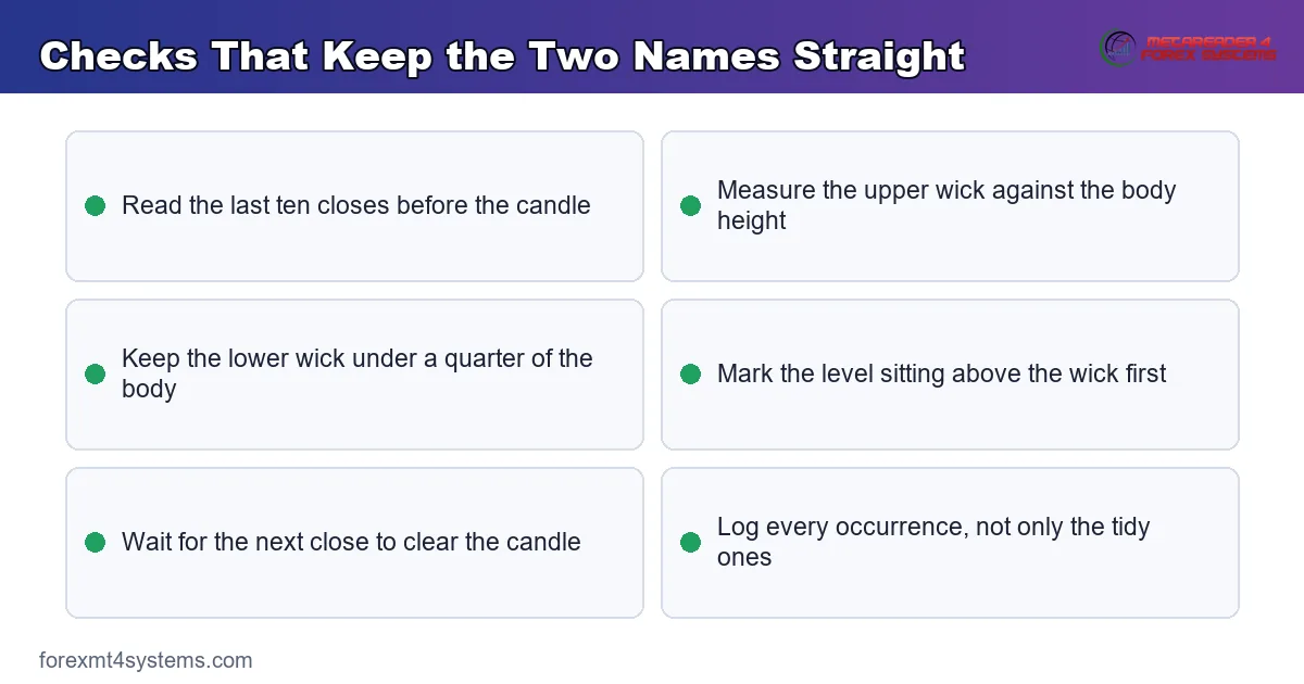 keypoints panel listing the checks that keep inverted hammer and shooting star names straight