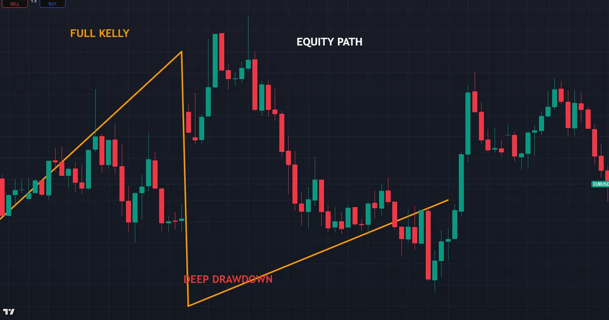 an equity path under full kelly plunging into a deep drawdown before it recovers