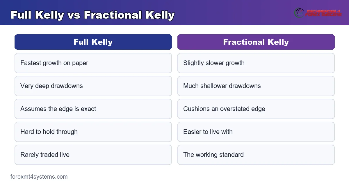 full kelly versus fractional kelly and the equity path each one tends to produce