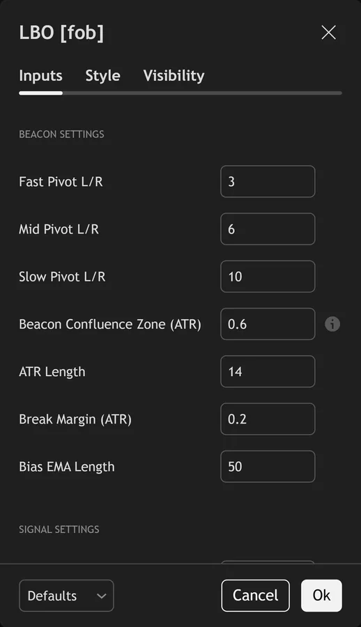 swing high low indicator TradingView - Lighthouse Beacon Oscillator inputs panel on TradingView