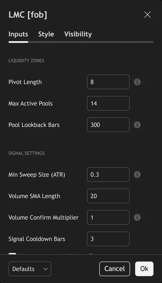 liquidity pools indicator TradingView - Liquidity Magnet Compass inputs panel on TradingView
