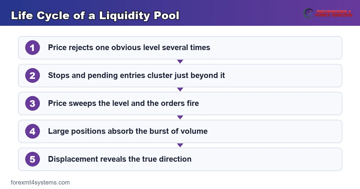 Flow diagram of how a forex liquidity pool forms, gets swept, and resolves with displacement
