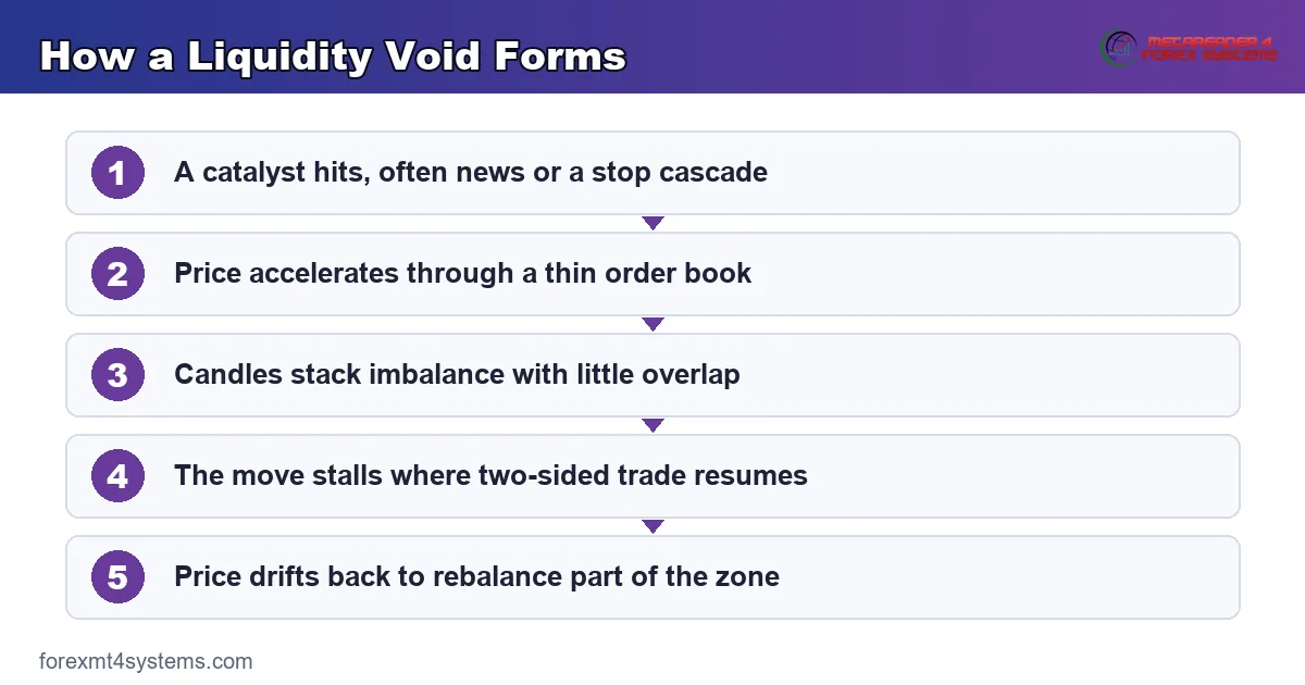 Diagram of how a liquidity void forms from a catalyst, acceleration, stacked imbalance and rebalance