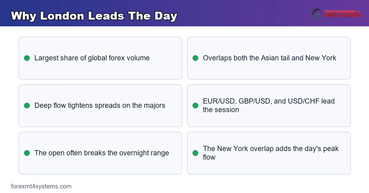 why London leads the day - the largest forex volume, deep flow, tight major spreads and the NY overlap
