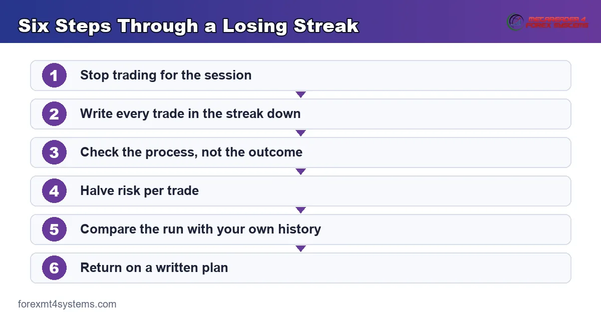 flow diagram of six steps through a losing streak, from stopping the session to returning on a plan