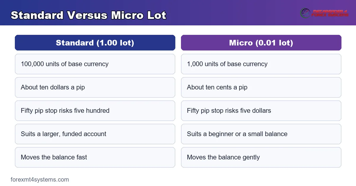 standard versus micro lot - 100,000 units against 1,000 units and the pip value for each
