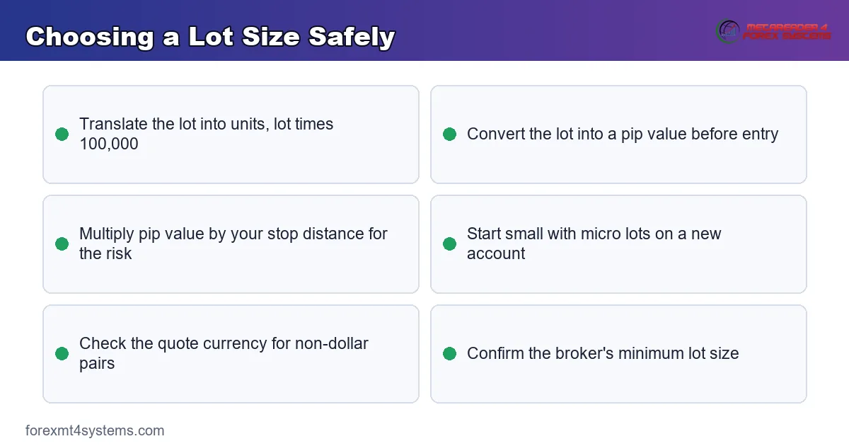 choosing a lot size safely - turn the lot into units and a pip value, then size to the stop