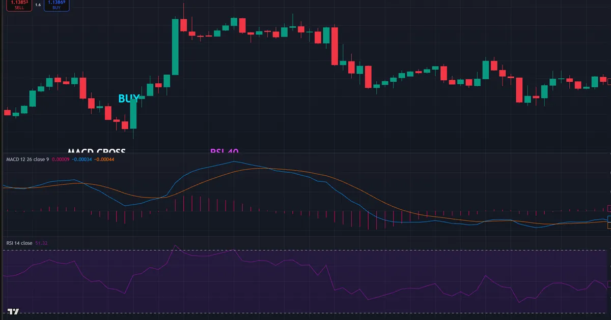 EURUSD entry - MACD line crosses up below zero while the RSI curls back above 40 in an uptrend