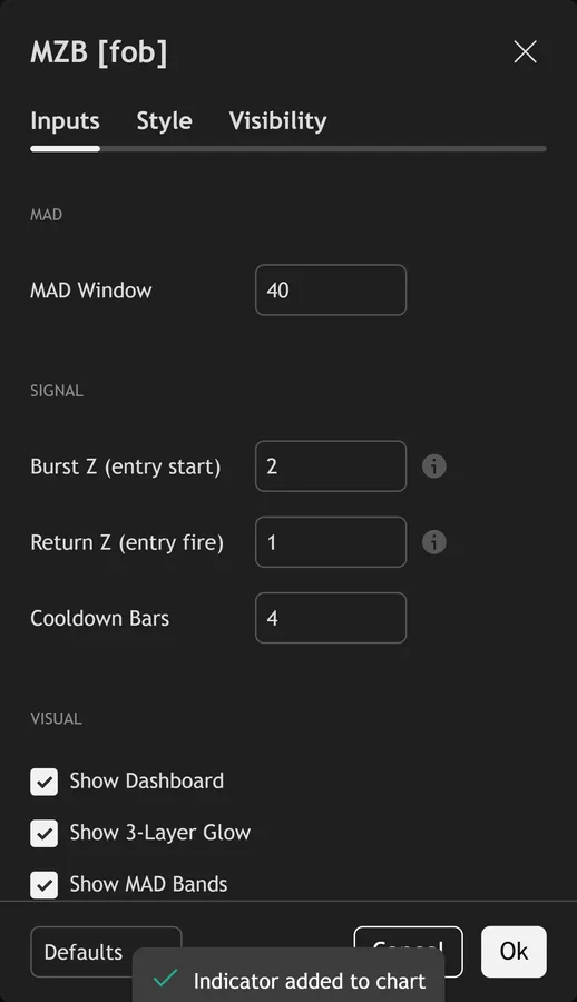z score indicator TradingView - MAD Z Robust Burst inputs panel on TradingView