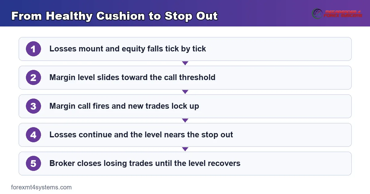 from healthy cushion to stop out - losses mount, the margin call fires, then the broker closes trades