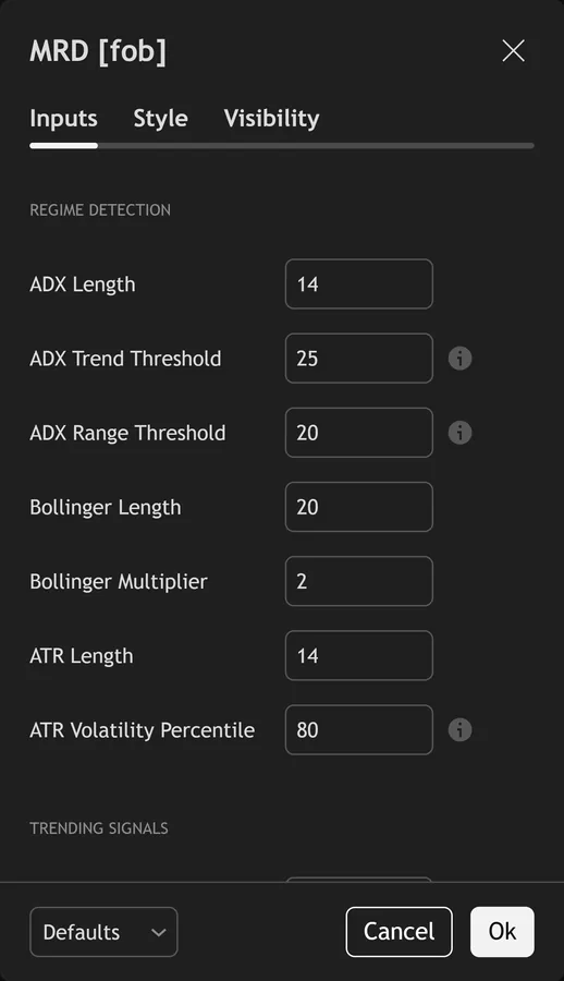 ADX indicator TradingView - Market Regime Detector inputs panel on TradingView