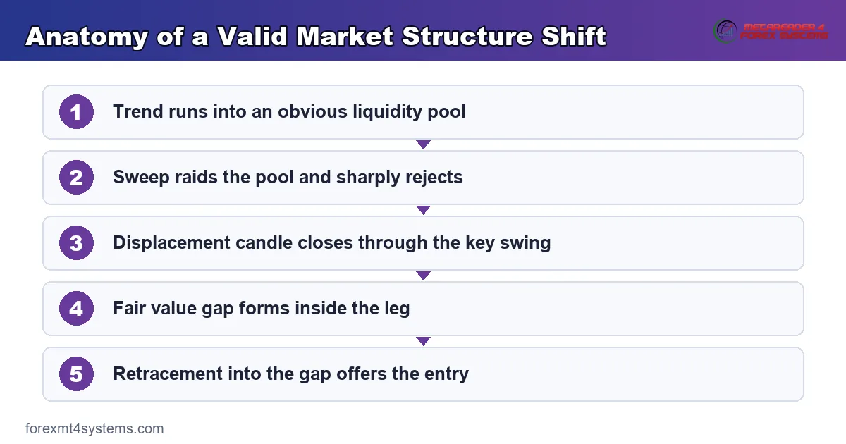 anatomy of a valid MSS - sweep, displacement break, and fair value gap shown as one flow