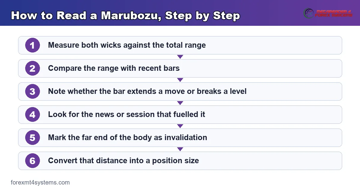 flow diagram of how to read a marubozu step by step, from geometry through to position size