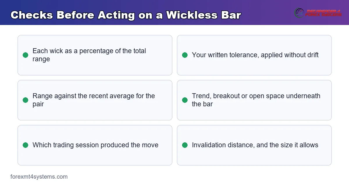 key checks to run before acting on a wickless bar, shown as a branded points panel
