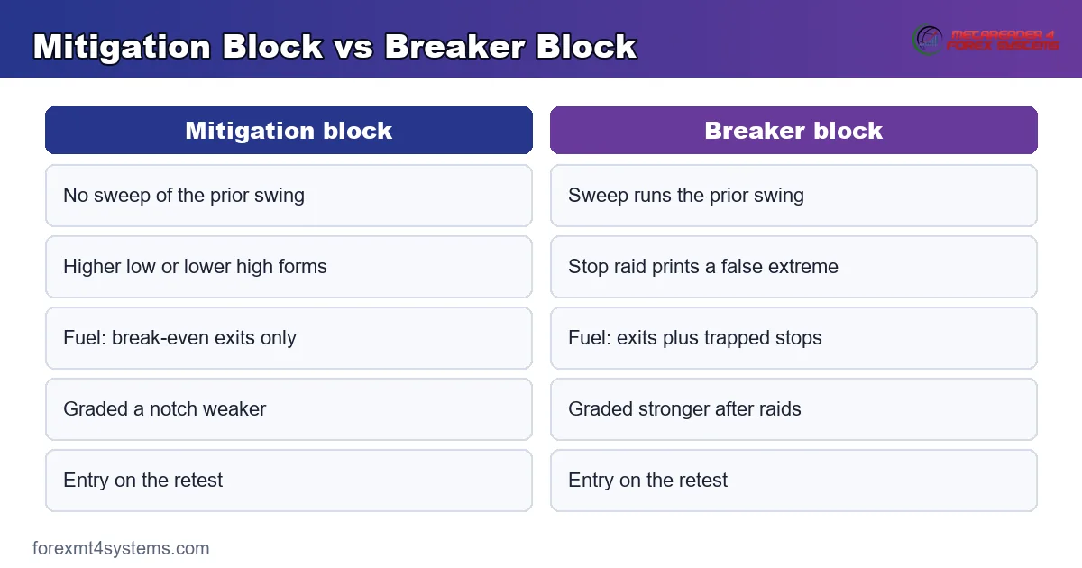 side-by-side comparison graphic of mitigation block and breaker block formation and strength