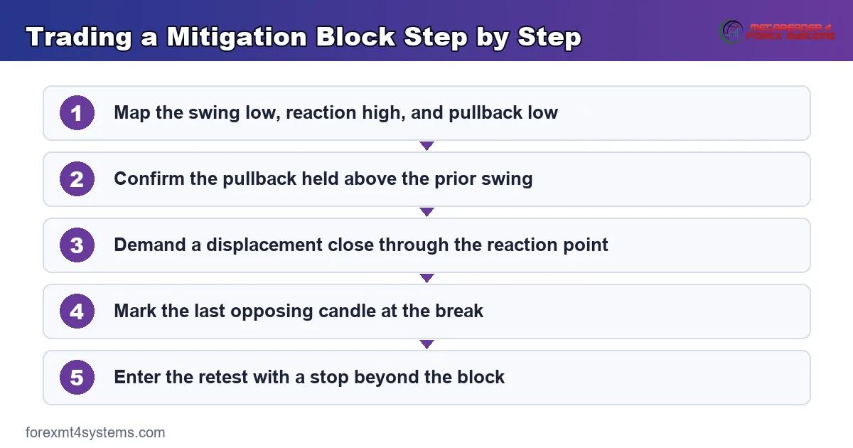 flow graphic of the mitigation block trading steps from mapping swings to the retest entry
