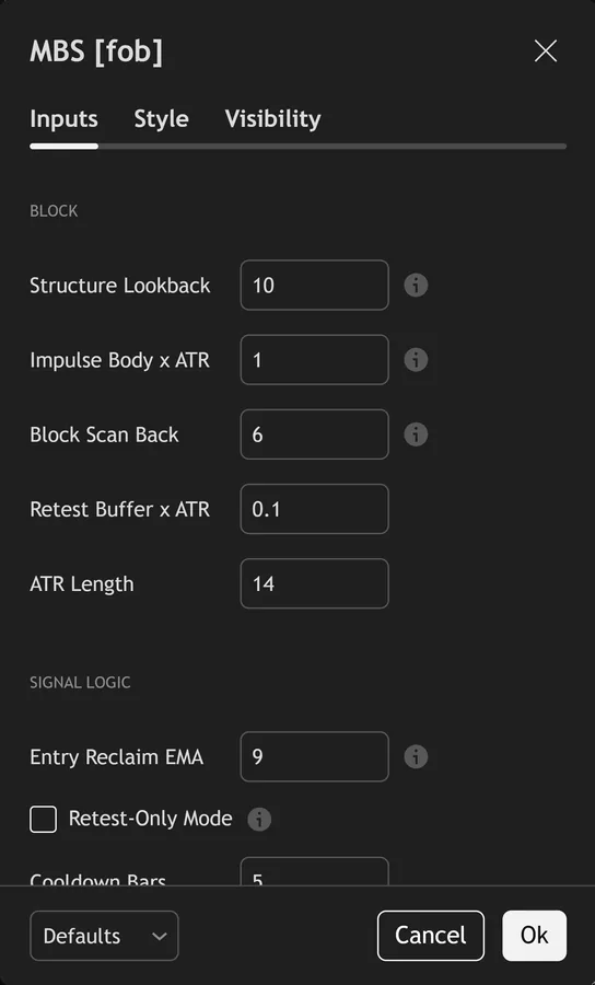 mitigation block indicator TradingView - Mitigation Block Sentinel inputs panel on TradingView