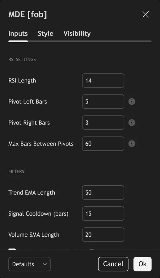 RSI divergence indicator TradingView - Momentum Divergence Engine inputs panel on TradingView