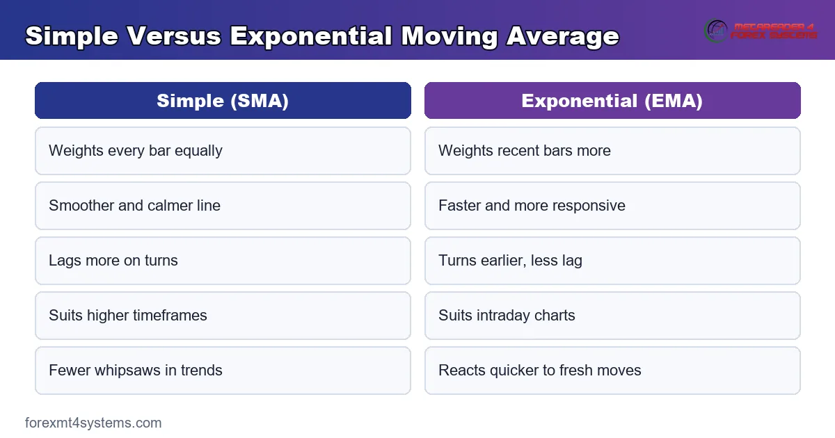 moving average types - SMA, EMA, and WMA responding differently to the same price move