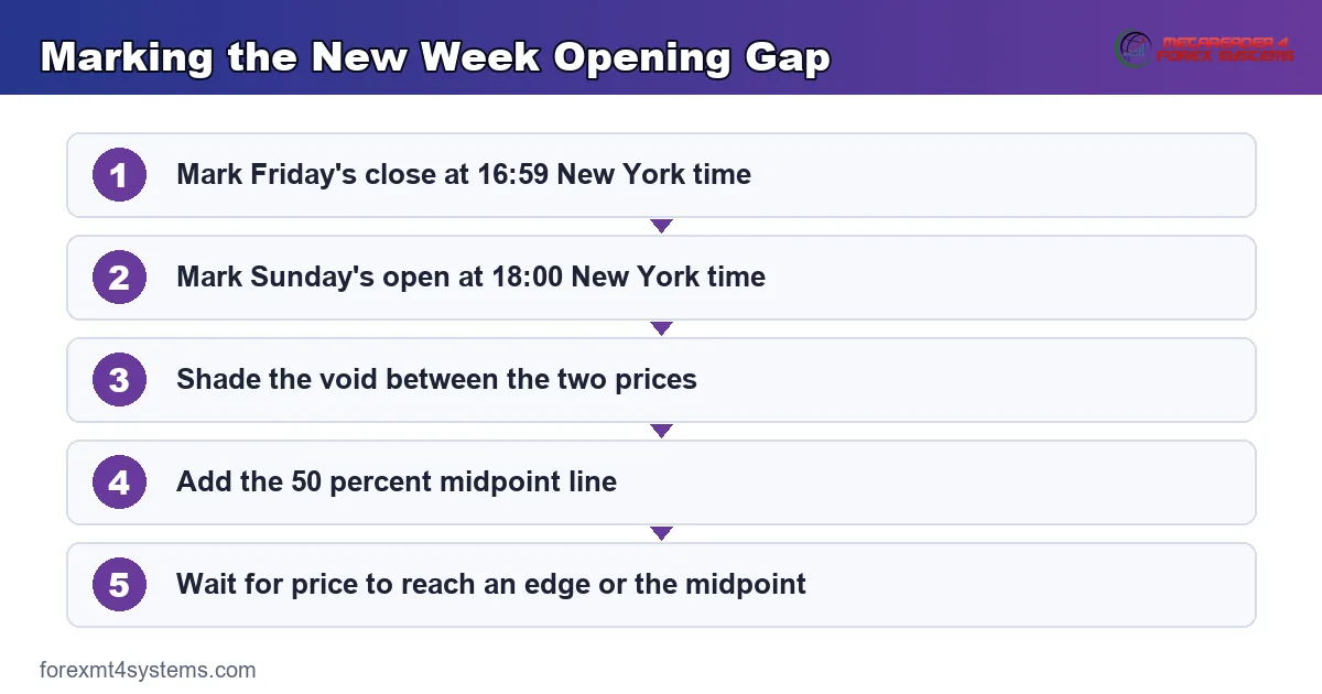 NWOG marking steps - box the Friday close to Sunday open gap and add the midpoint line