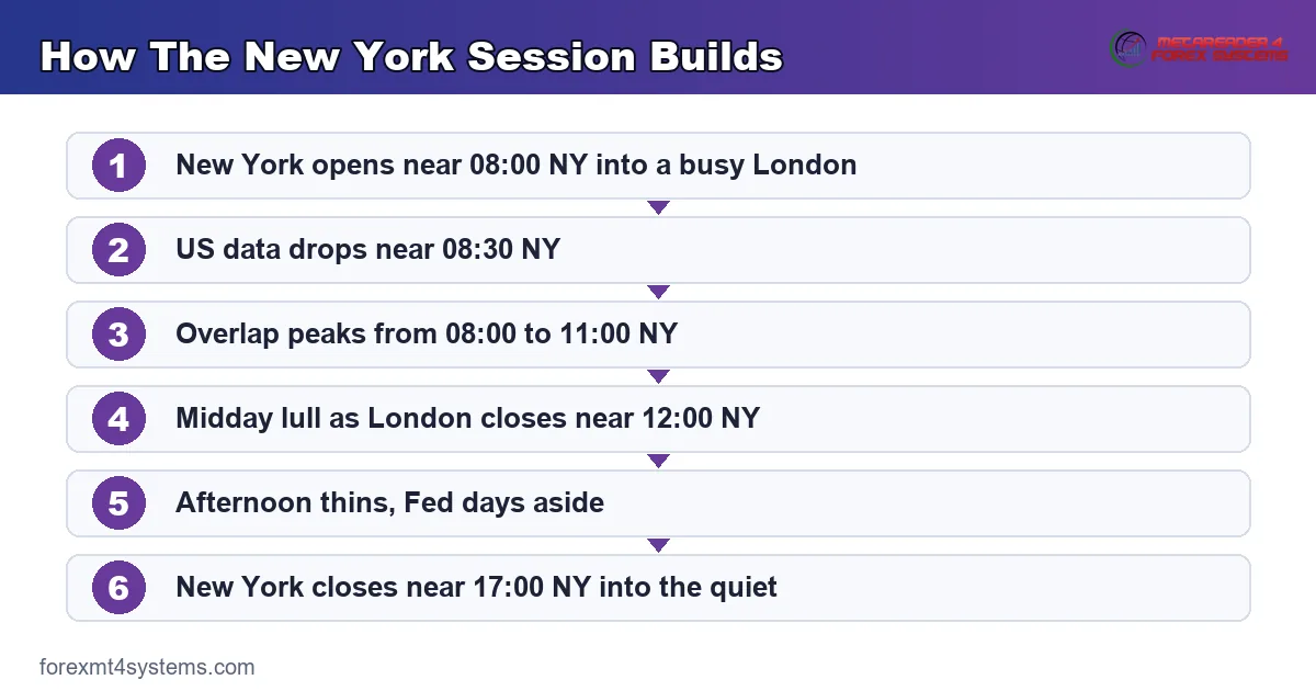 how the New York session builds - the 08:00 NY open, 08:30 US data, the overlap peak, then a midday lull