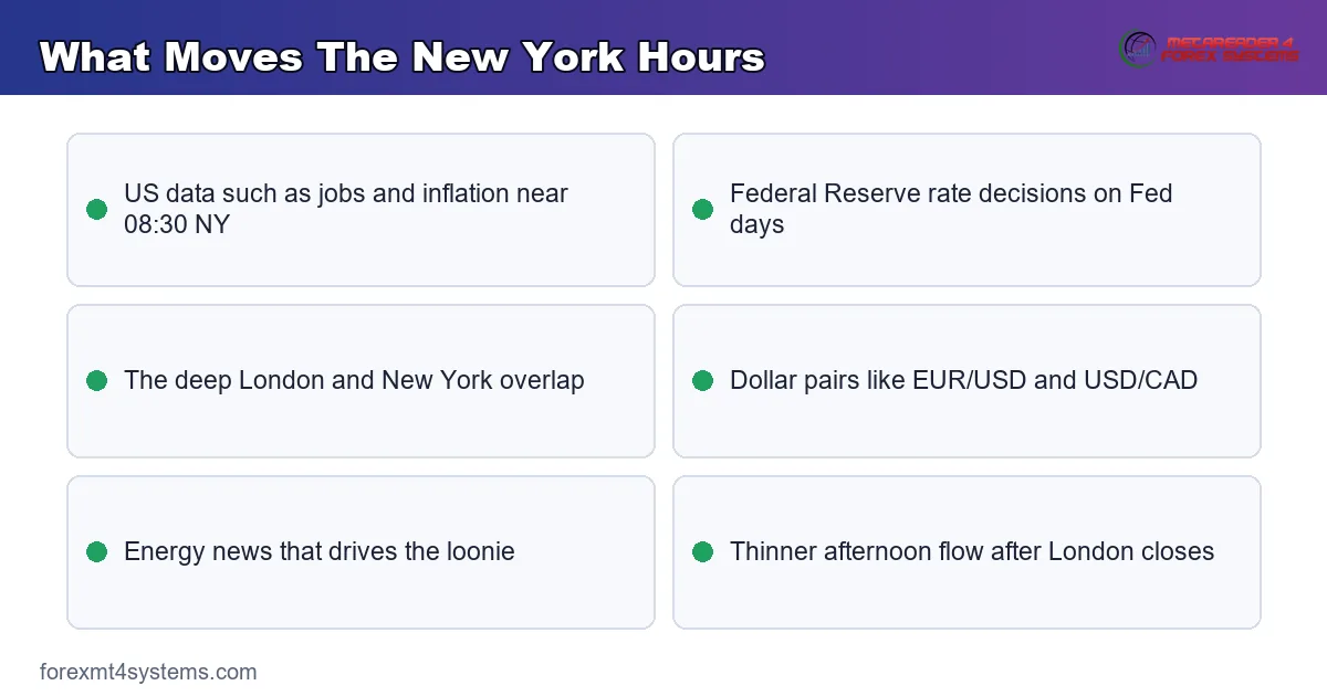 what moves the New York hours - US jobs and inflation, Fed decisions, the London overlap and dollar pairs