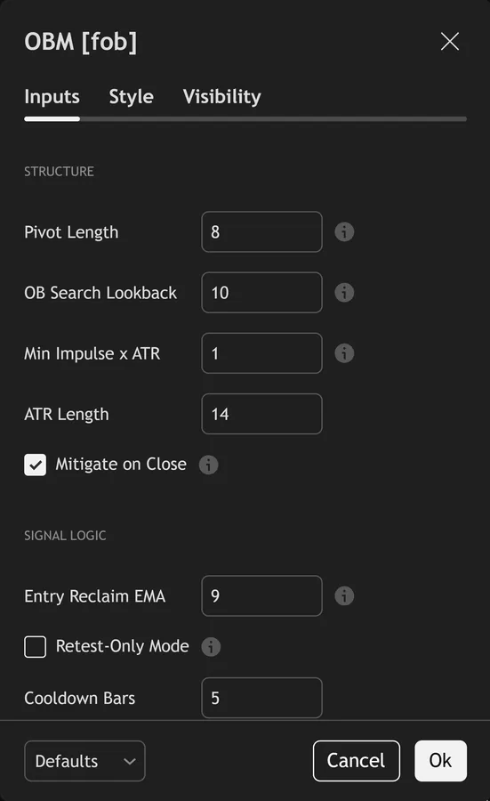 order block indicator TradingView - Order Block Mitigation Profiler inputs panel on TradingView