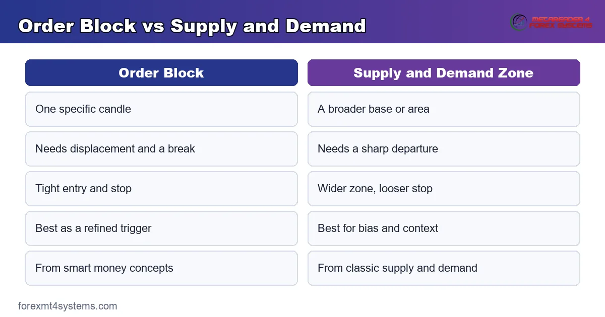 Broad supply and demand zone set against a refined single-candle order block on a chart