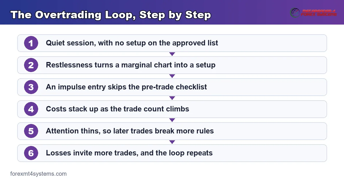 the overtrading loop step by step, from a quiet session and an impulse entry to a rising cost line