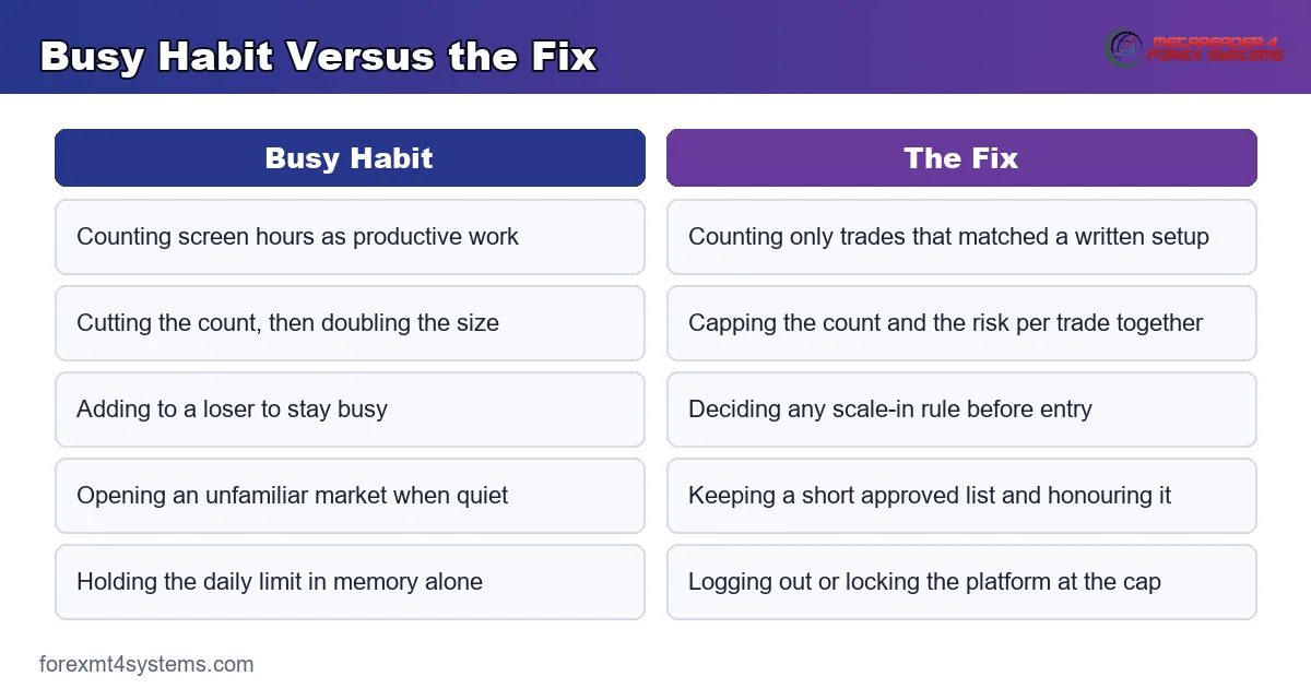 busy habit versus the fix, comparing each activity error with the correction that answers it