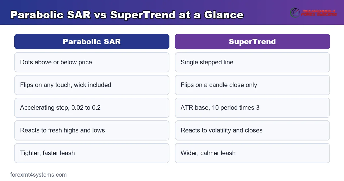 Parabolic SAR and SuperTrend engines side by side - accelerating dots versus an ATR-based band flip