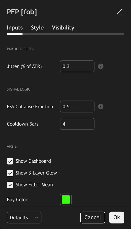particle filter indicator TradingView - Particle Filter Pulse inputs panel on TradingView