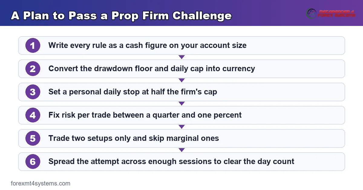 a plan to pass a prop firm challenge, from writing every rule as cash to pacing the trading days
