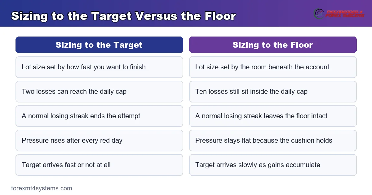 sizing to the target versus sizing to the floor compared by lot size, losses absorbed and outcome
