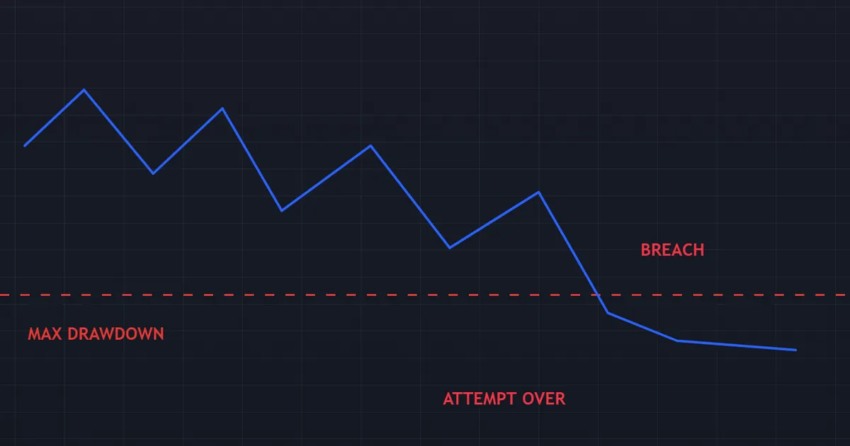 prop firm challenge pitfall - equity path from oversized trades piercing the drawdown floor