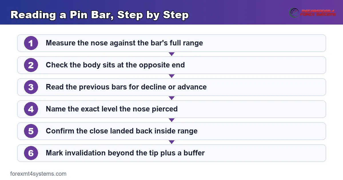 flow diagram reading a pin bar step by step, from the nose measurement to the invalidation price