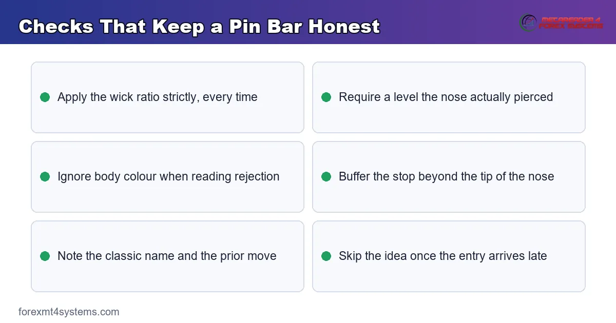 keypoints panel listing the checks that keep a pin bar reading honest before any entry