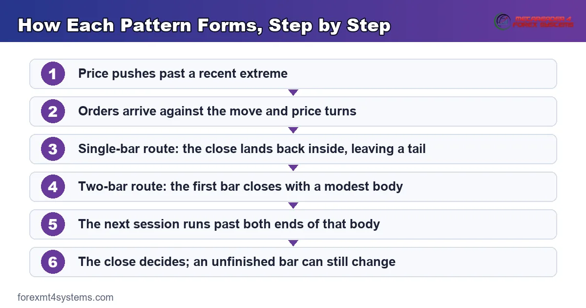 flow diagram of how each pattern forms step by step, from the push out to the closing bar