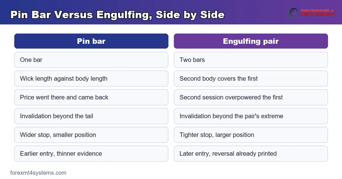 comparison table graphic setting a pin bar side by side with an engulfing pair
