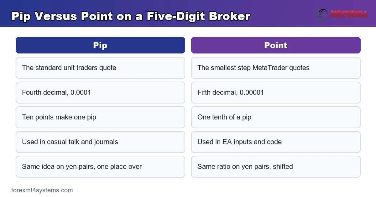 pip versus point on a five-digit broker - the fourth decimal against the fifth side by side