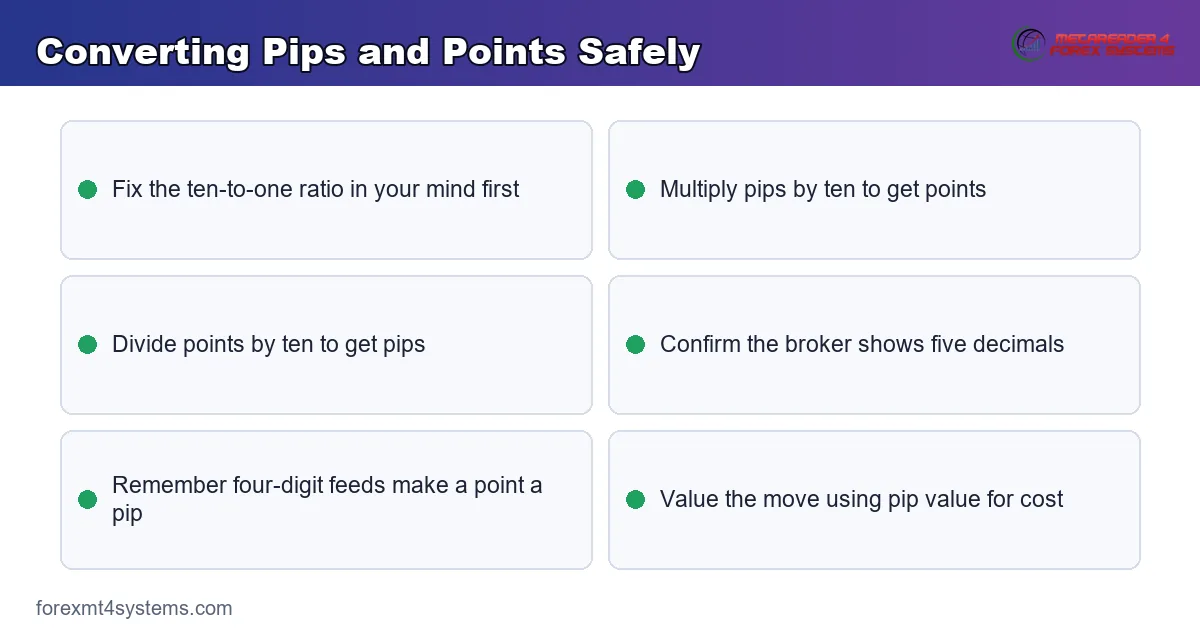 converting pips and points safely - multiply pips by ten and divide points by ten on a five-digit feed