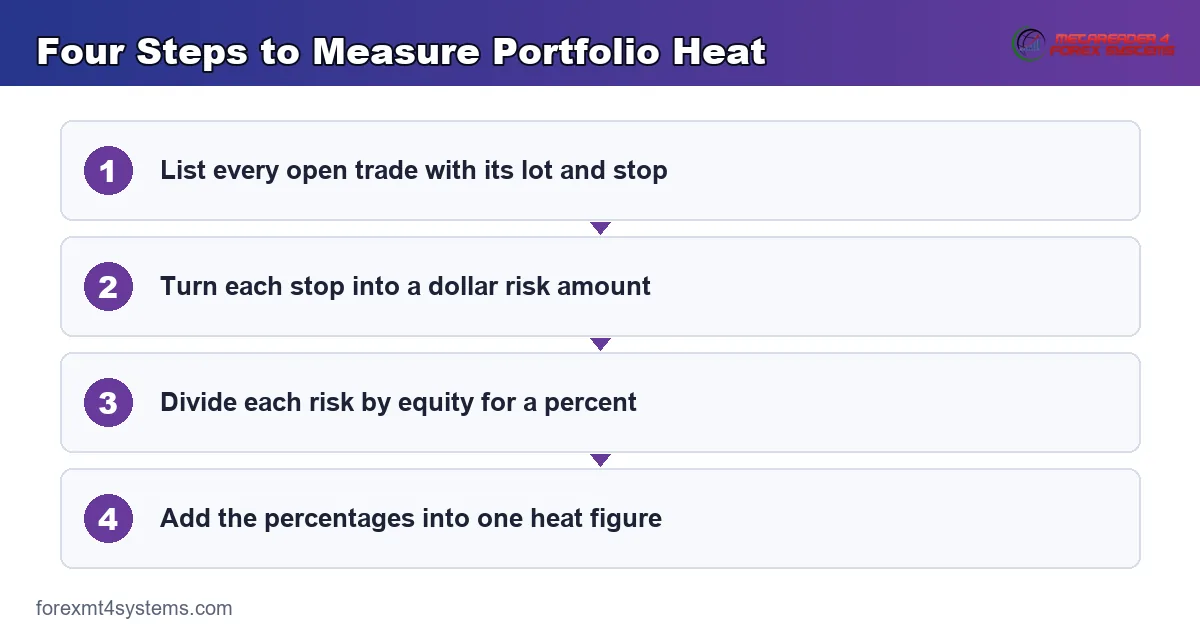 four steps to measure portfolio heat - list trades, size risk, convert to percent, add up