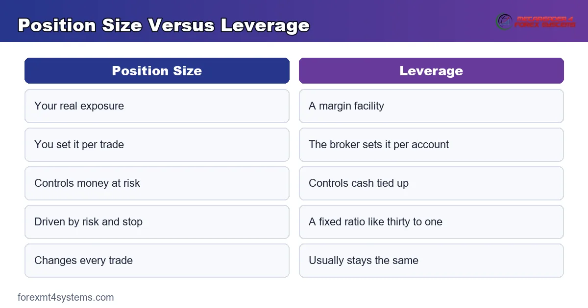 compare panel setting position size against leverage on who sets each and what it controls
